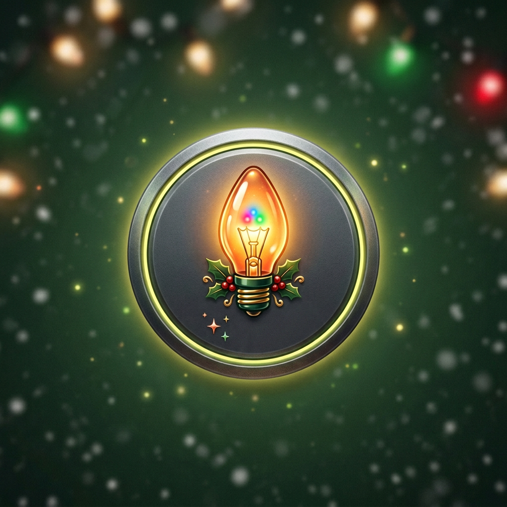 Glowing light bulb emblem with holly, ornaments, and the number 25